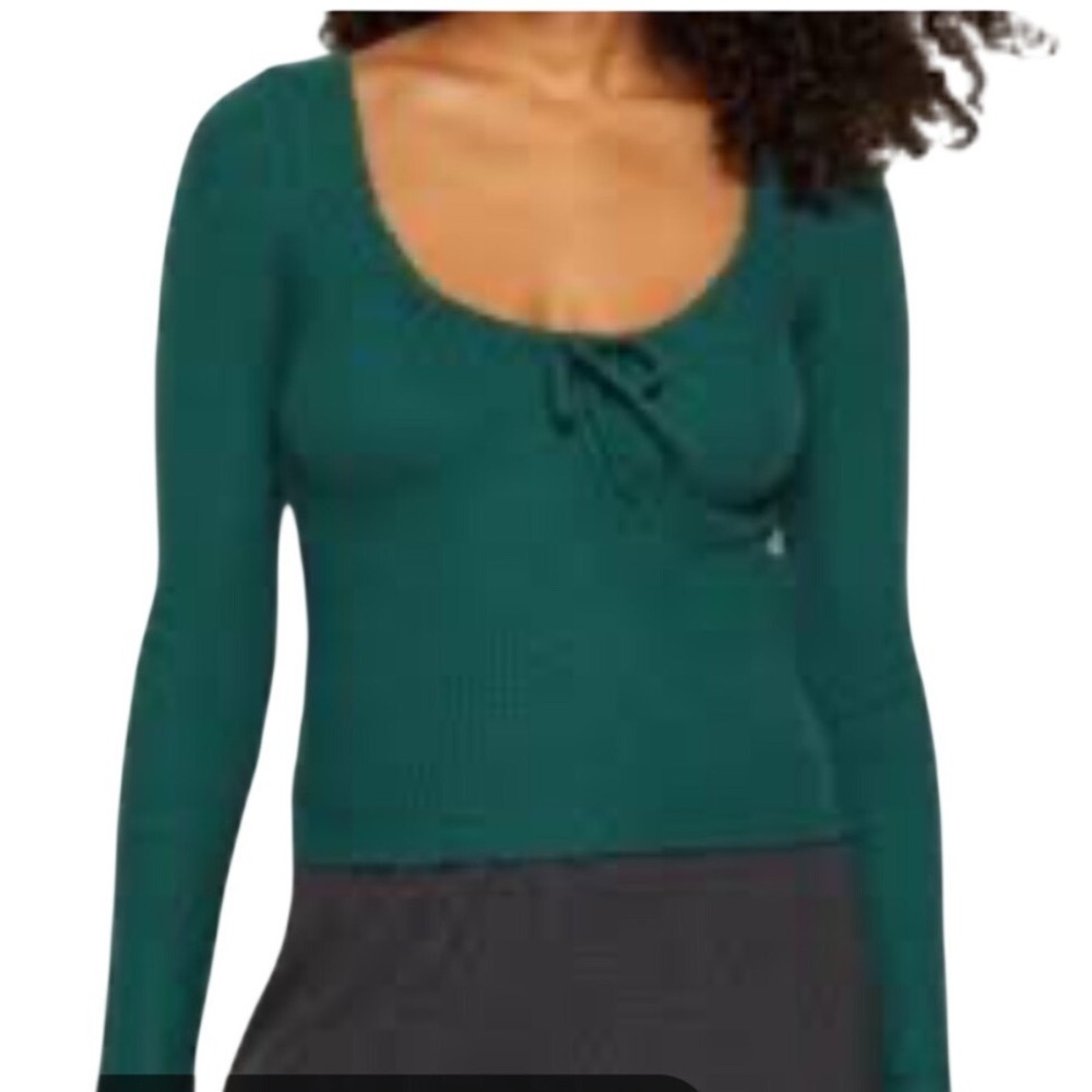 Hollister Green Ribbed Tie Front Long Sleeve Top Size M Coquette Gorpcore Soft M